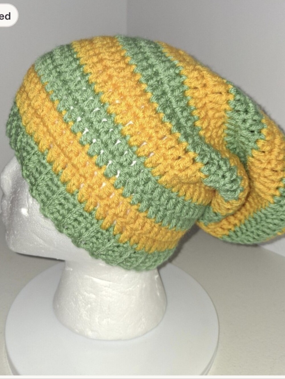 Beanie Slouchy Cap XL Green And Gold Striped Crocheted Handmade